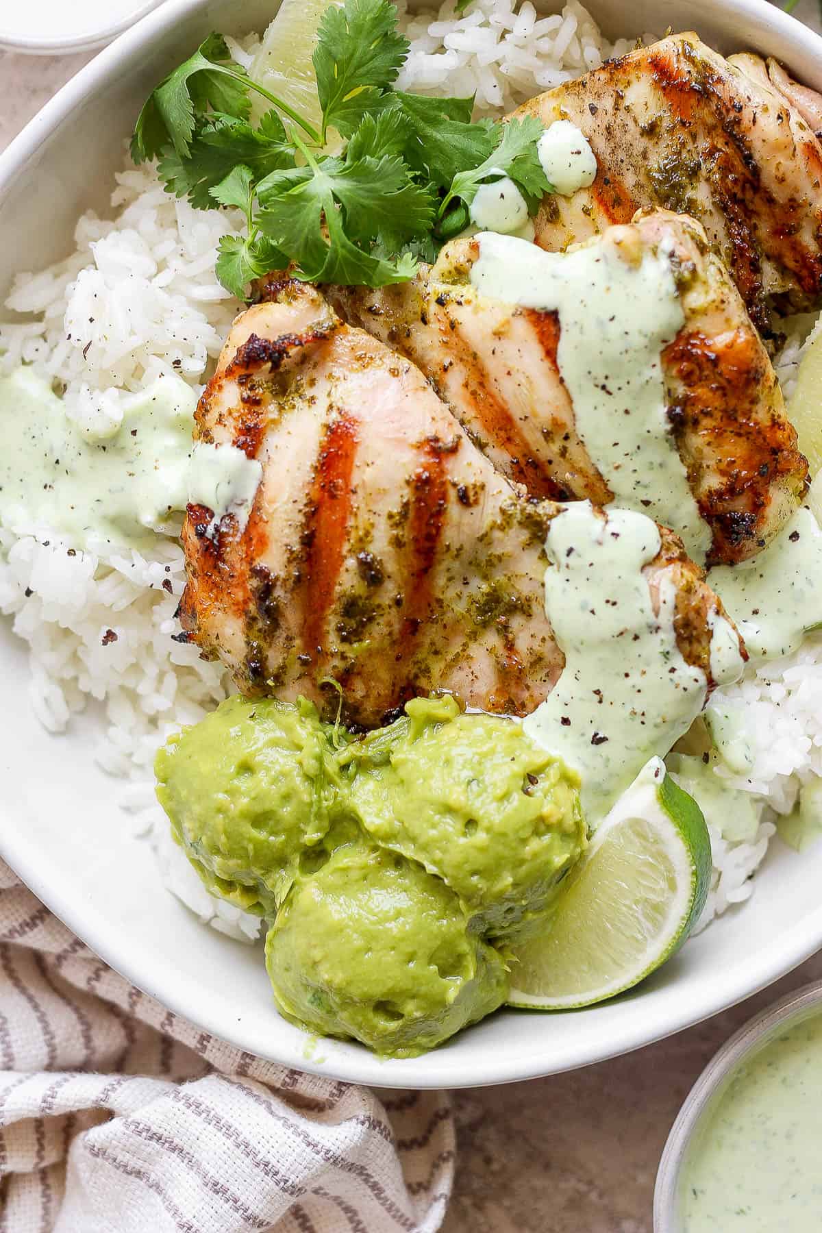 A fully assembled cilantro lime chicken rice bowl.