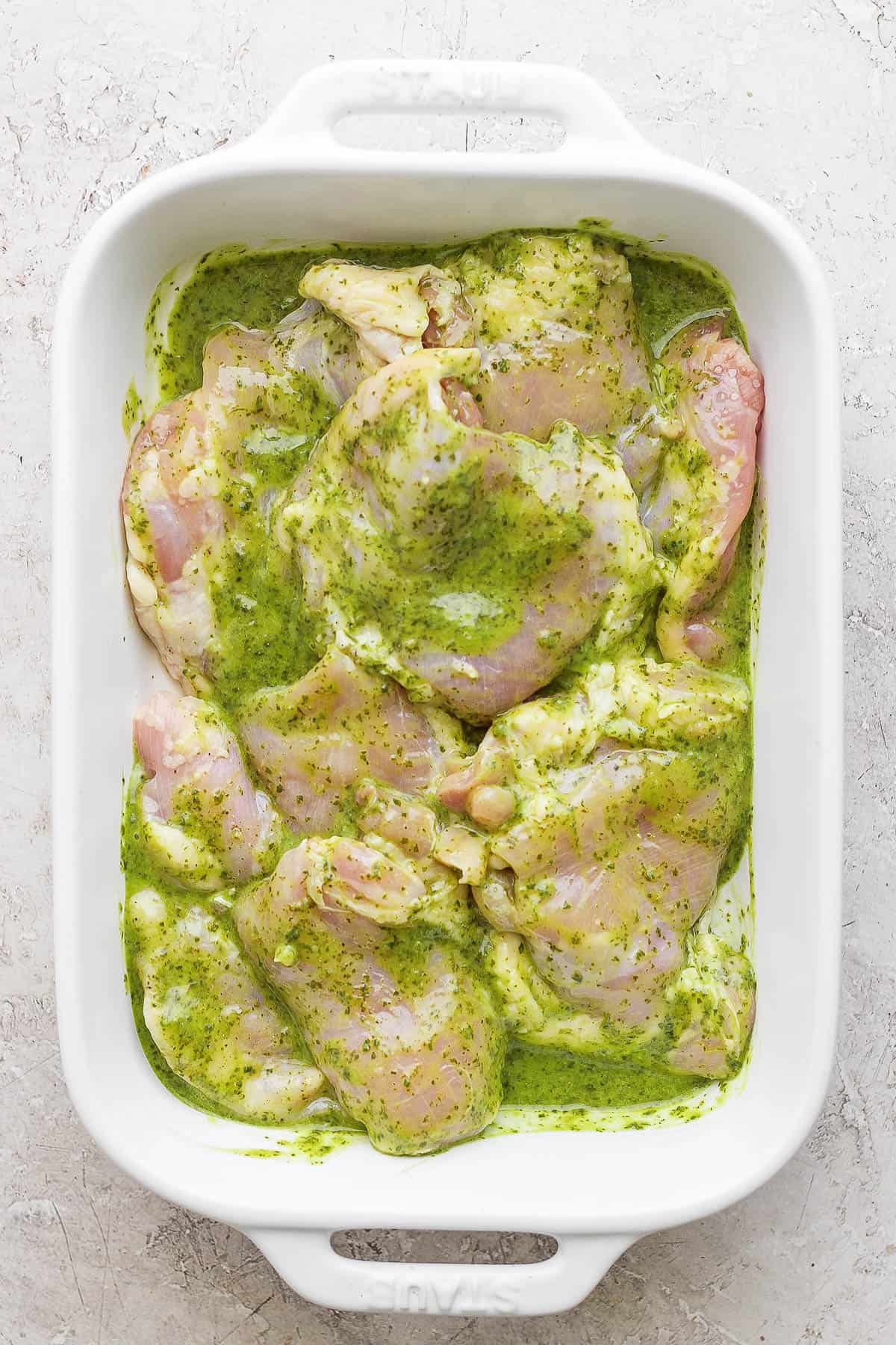 Chicken thighs marinating in the cilantro lime marinade.