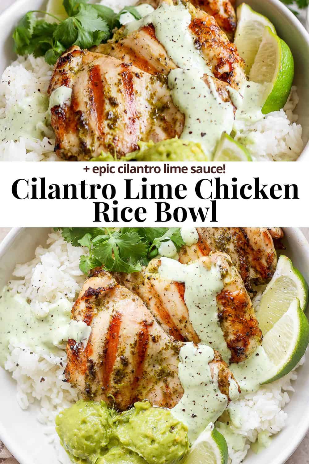 Pinterest image for cilantro lime chicken rice bowls.