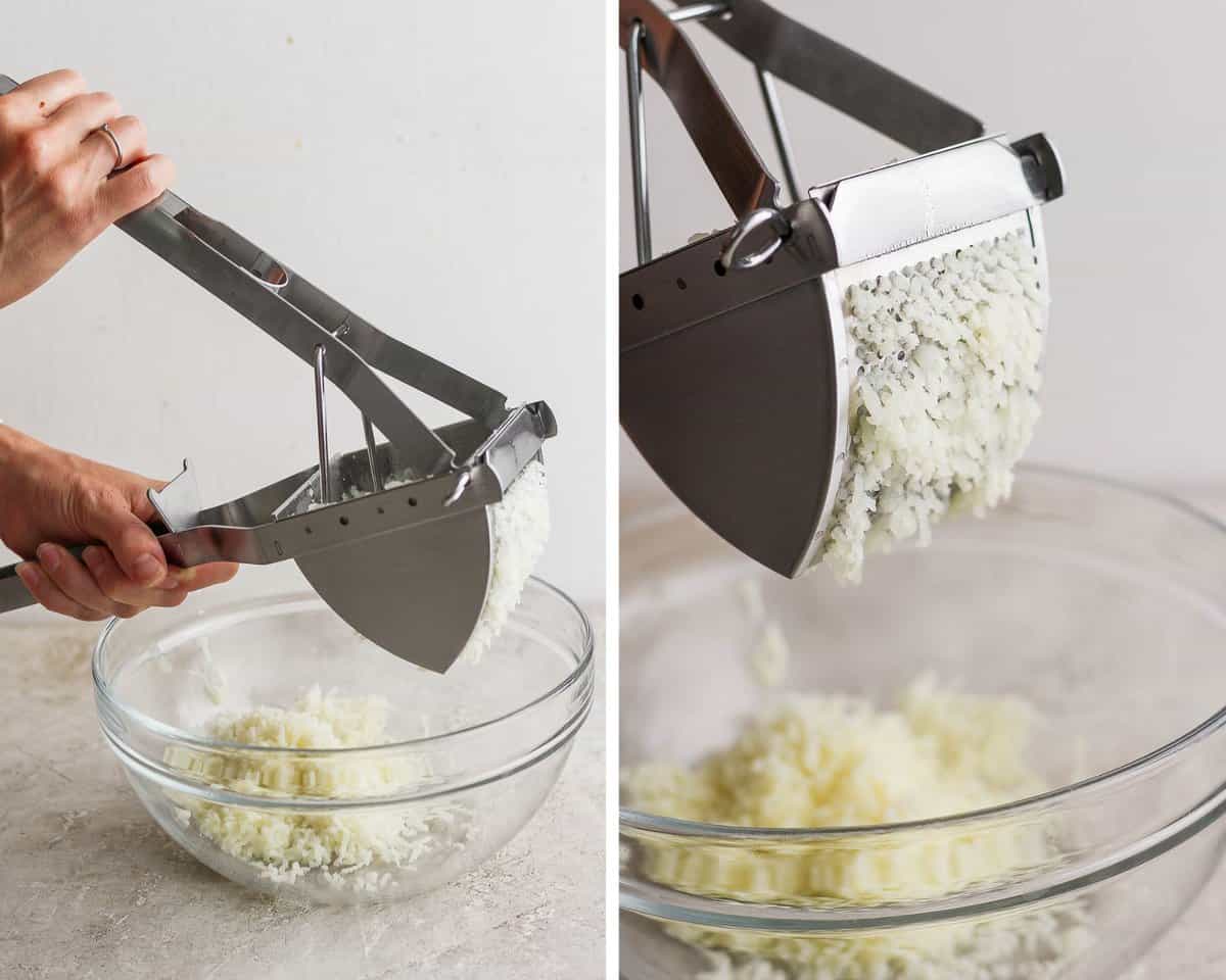 Two images showing cooked potatoes being pressed through a potato ricer.