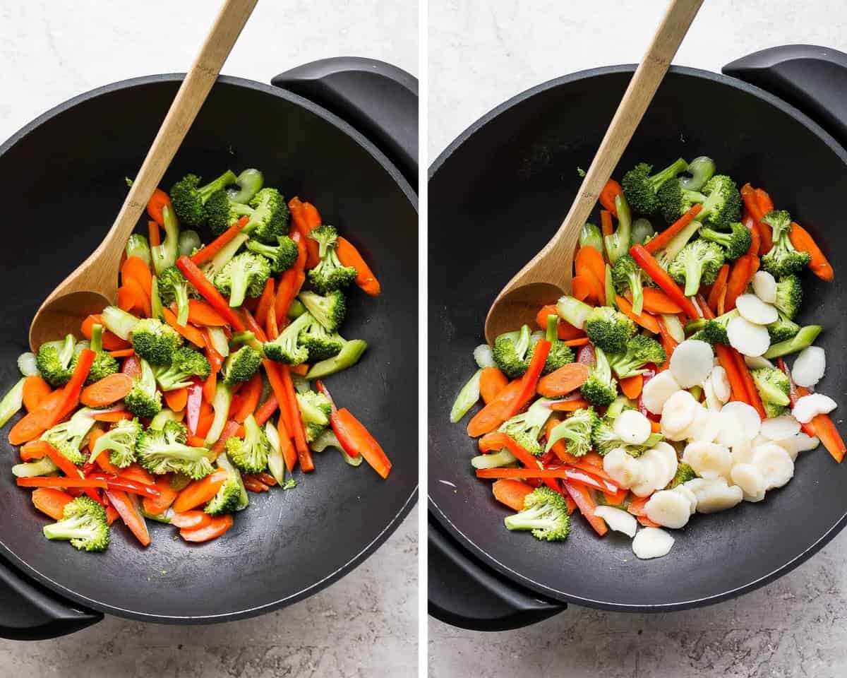 Two images showing the veggies added to the wok and then the water chestnuts.