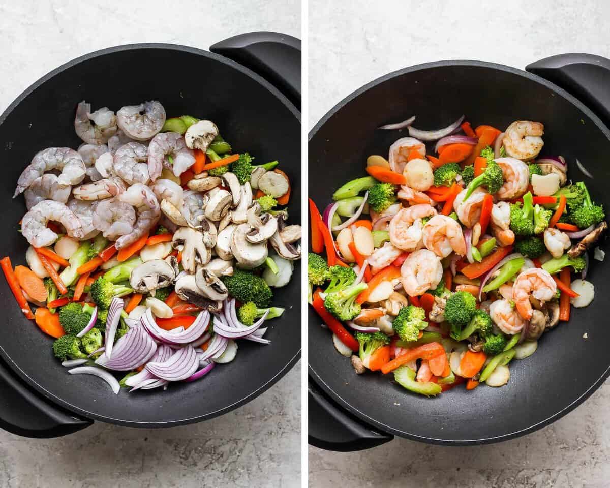 Two images showing the shrimp, mushrooms, and red onion when added and after cooking for a few minutes.