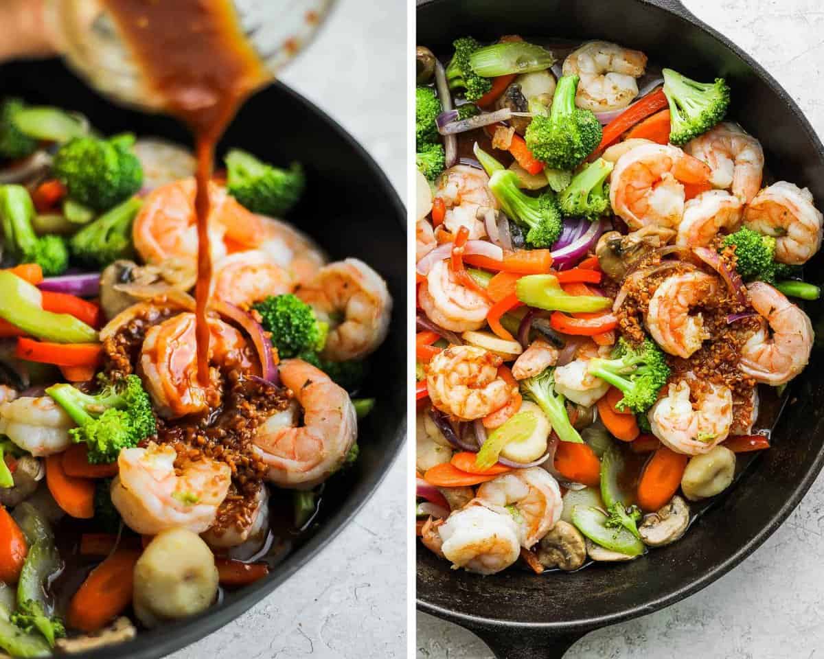 Two images showing the stir fry sauce being added to the pan and then after it was added.