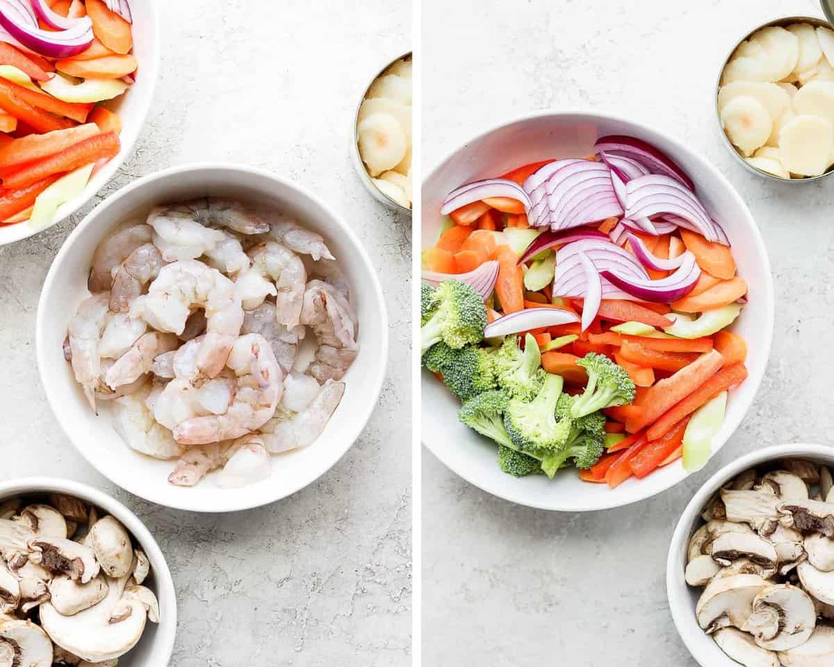 Stir fry ingredients prepped and in separate bowls.