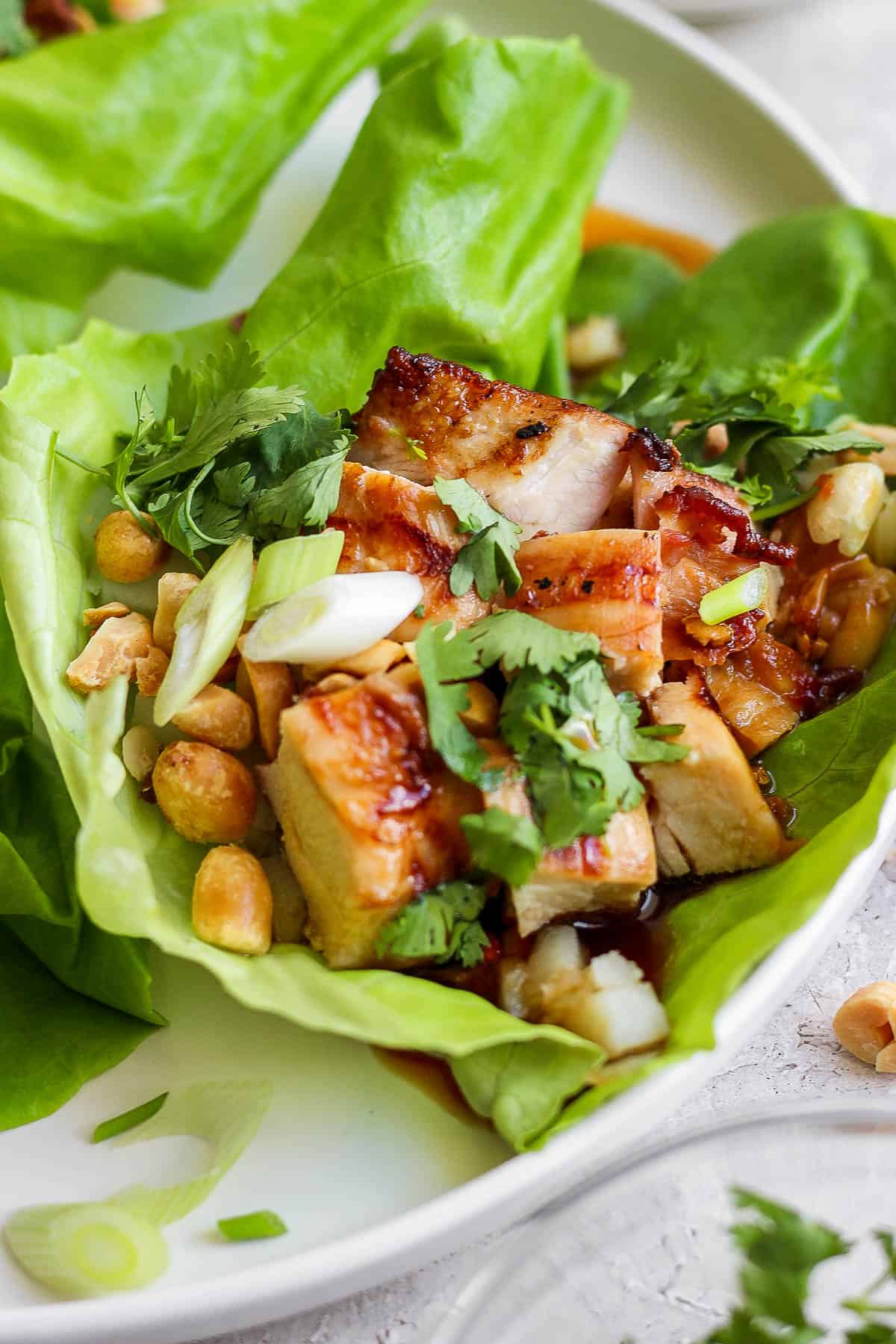 A lettuce wrap with grilled chicken, green onions, cilantro, water chestnuts, and peanuts.