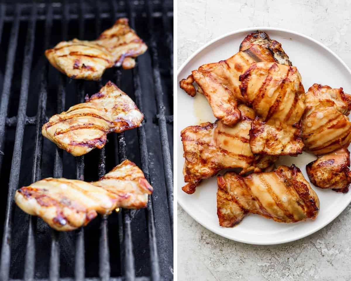 Two images showing the chicken thighs on the grill and then on a plate.