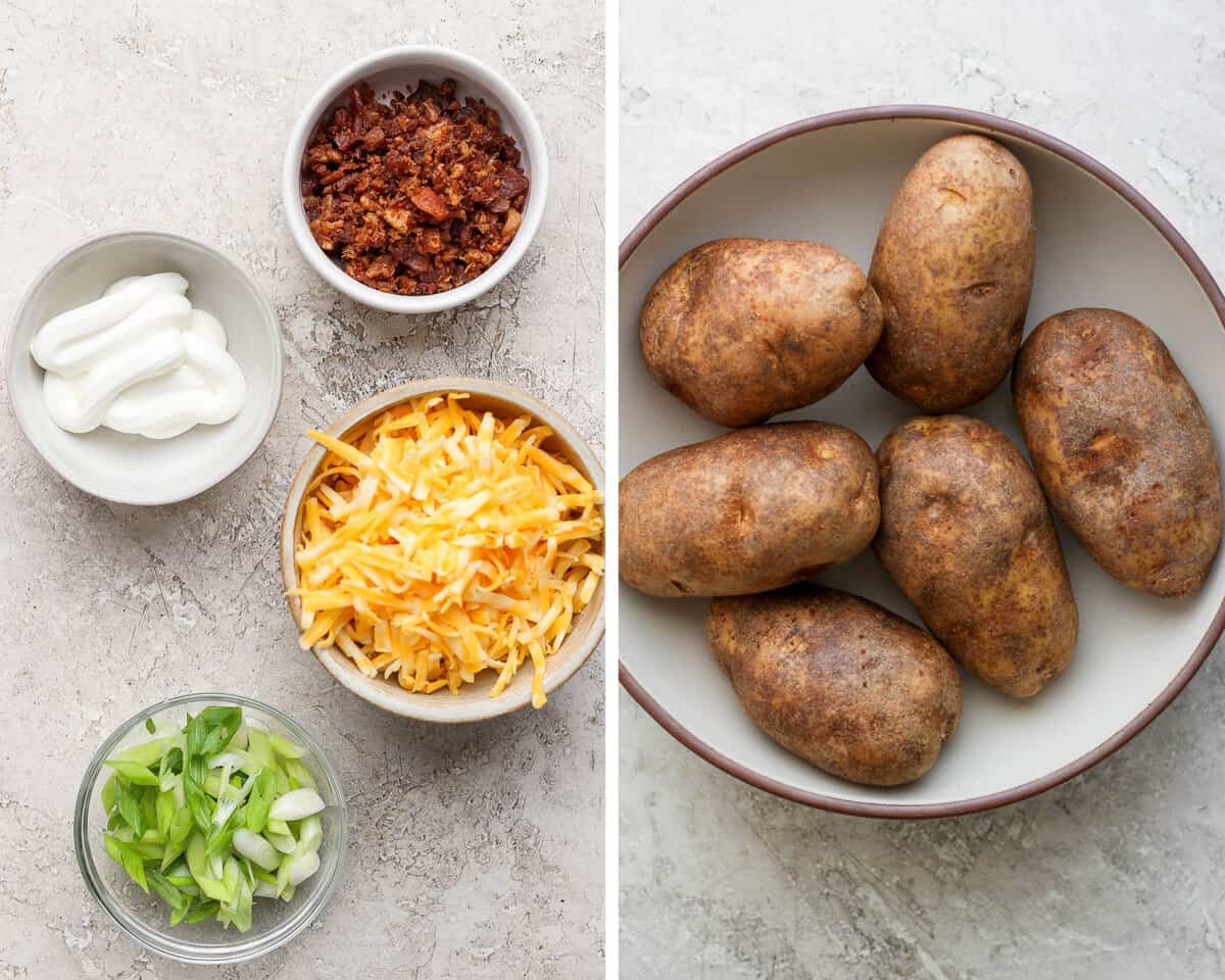 Two images showing the toppings for a loaded baked potato and a bowl of whole potatoes.