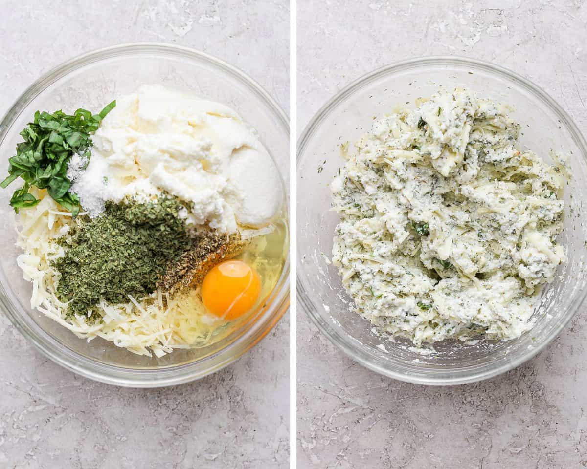 Two images that show the ricotta mixture before being mixed and after.