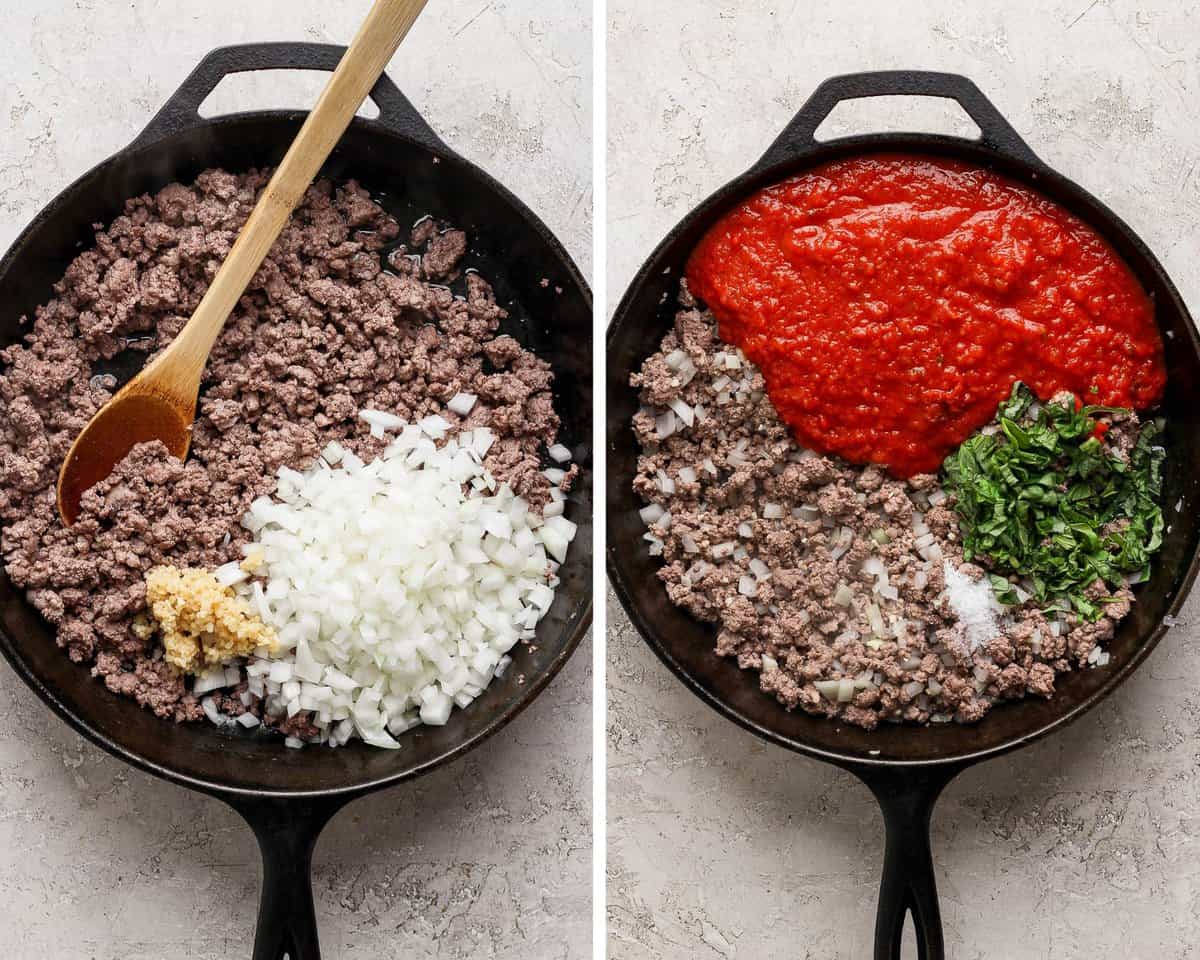 Two images showing the browned ground meat with onion and garlic added and then with the marinara sauce, basil and salt added.