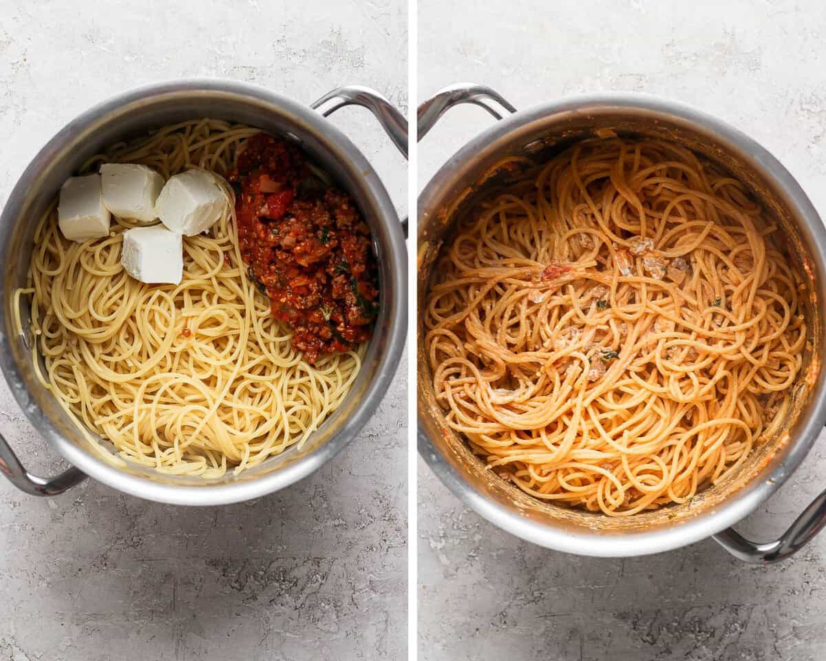 Two images showing cream cheese and a cup of sauce added to the hot noodles and then fully mixed.