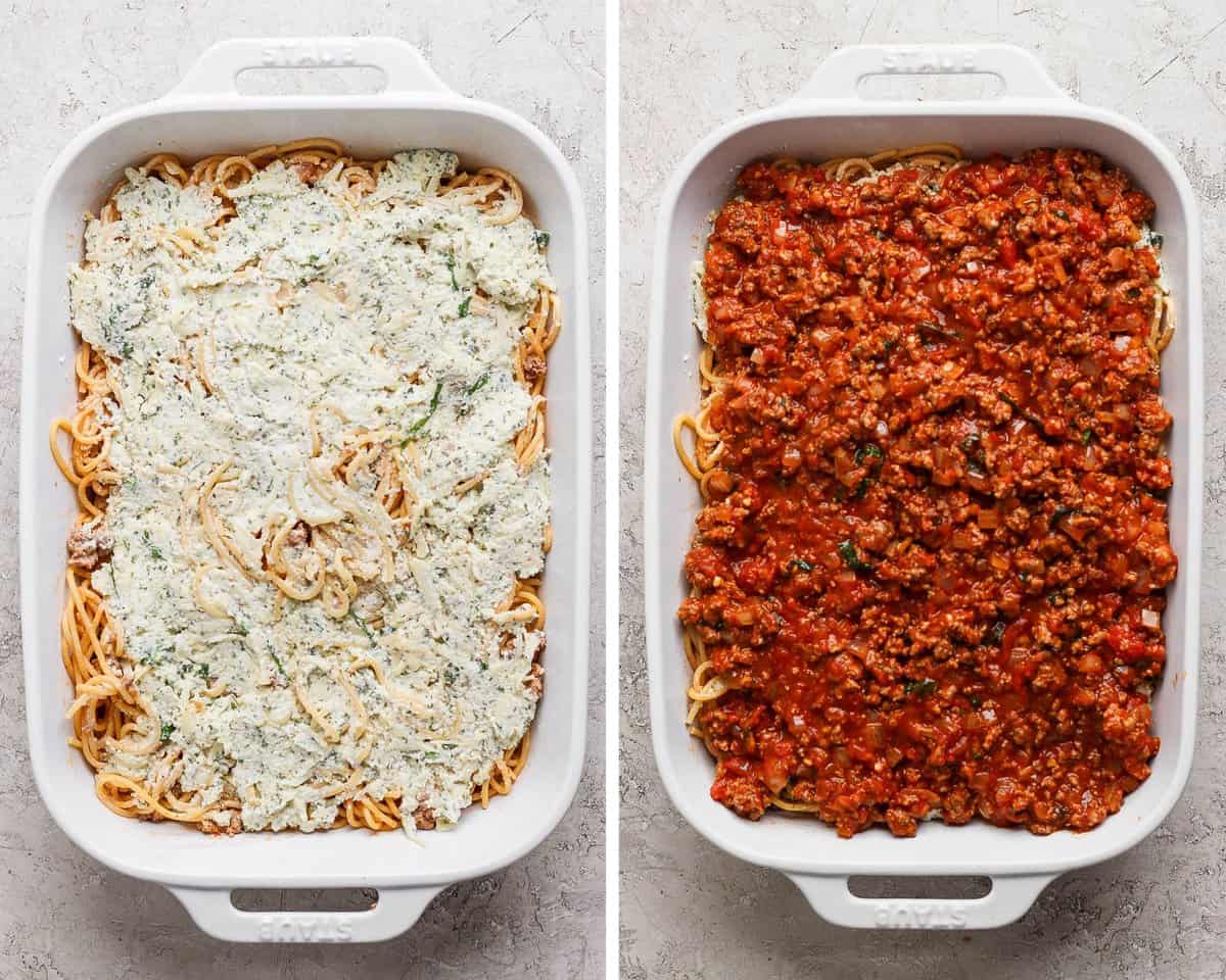 Two images showing the noodles added to a baking dish with some ricotta mixture and then topped with meat sauce.