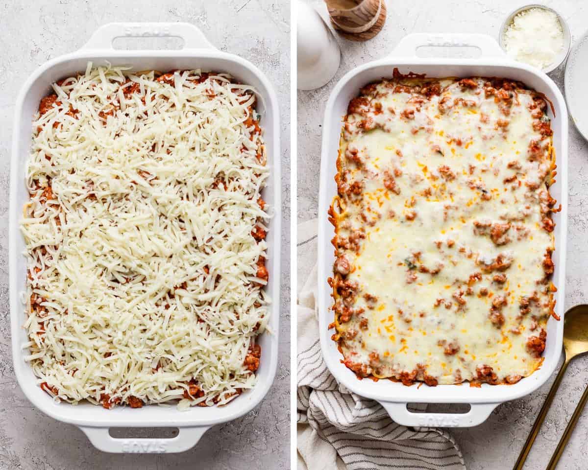 Two images showing the cheese on top before baking and then after it has fully baked.