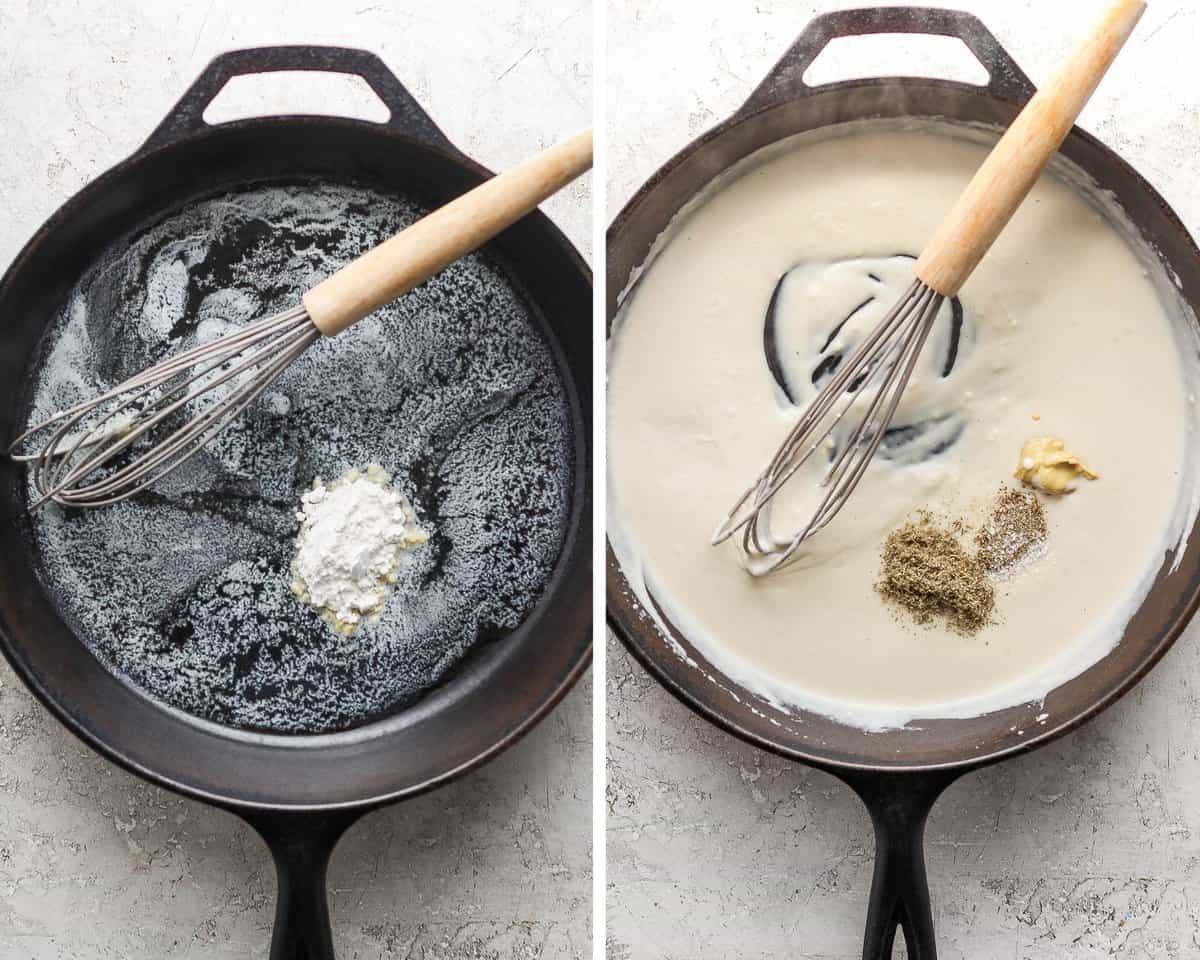 A roux being made in a cast iron skillet with a whisk.