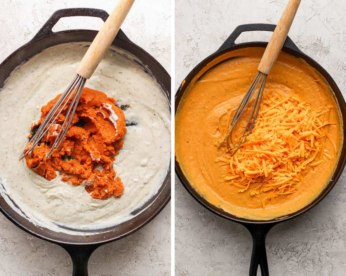 Canned pumpkin added to the roux and then mixed in with shredded cheese.