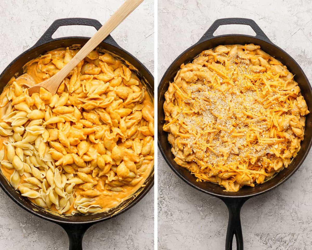 Noodles added to the pumpkin and cheese mixture and topped with bread crumbs.