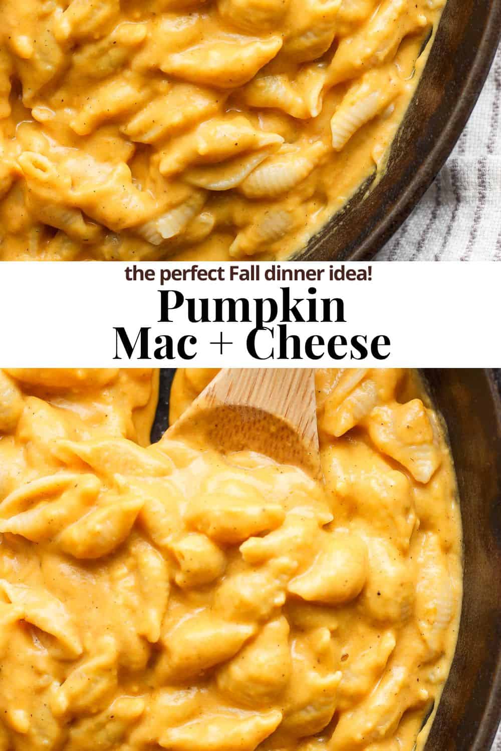 Pinterest image that shows baked pumpkin mac and cheese with the title, Pupmkin mac & cheese the perfect fall dinner idea!