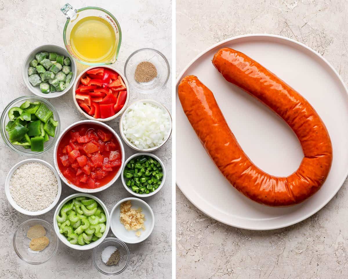 Individual bowls of olive oil, frozen okra, seasonings, red and green bell pepper, white onion, celery, garlic, diced tomatoes, white rice,  chicken broth, and a sausage on a plate.