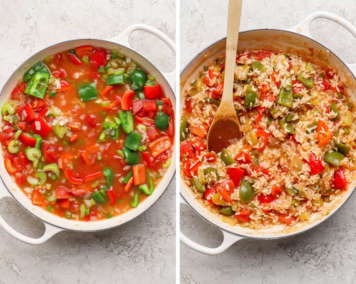 All the ingredients stirred in a dutch oven. Cooked rice and veggies in the dutch oven.