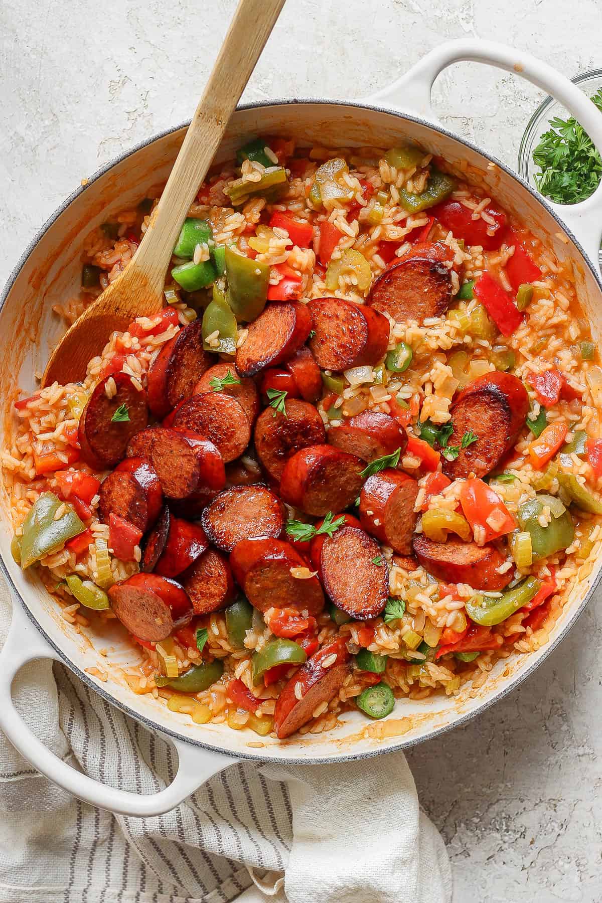 Sausage and rice in a large pot.