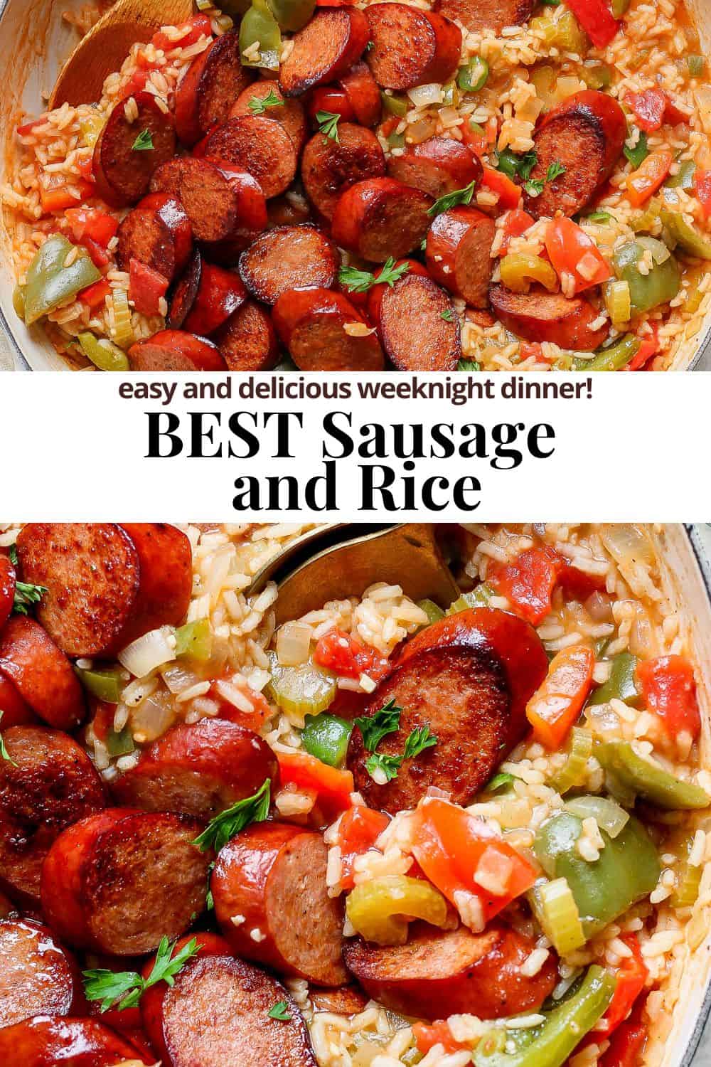 Pinterest image showing sauce and rice with the title "best sausage and rice easy and delicious weeknight dinner" headline.