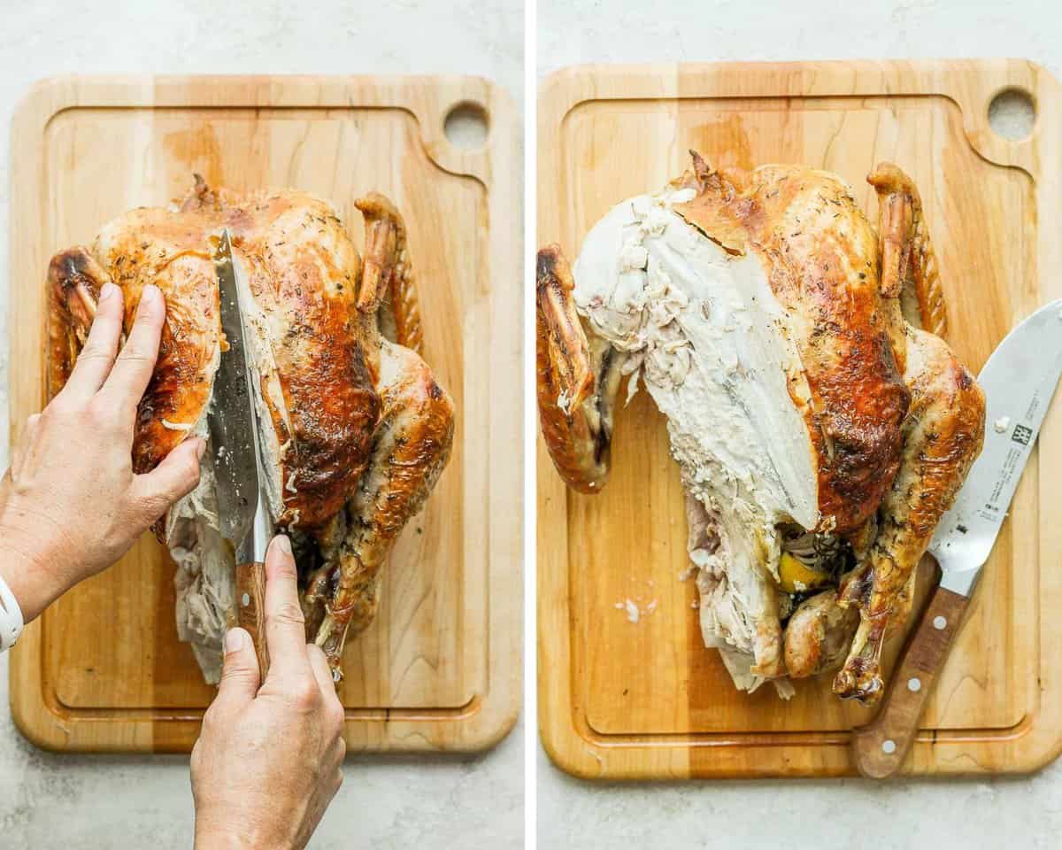 Two images showing the turkey breast being removed.