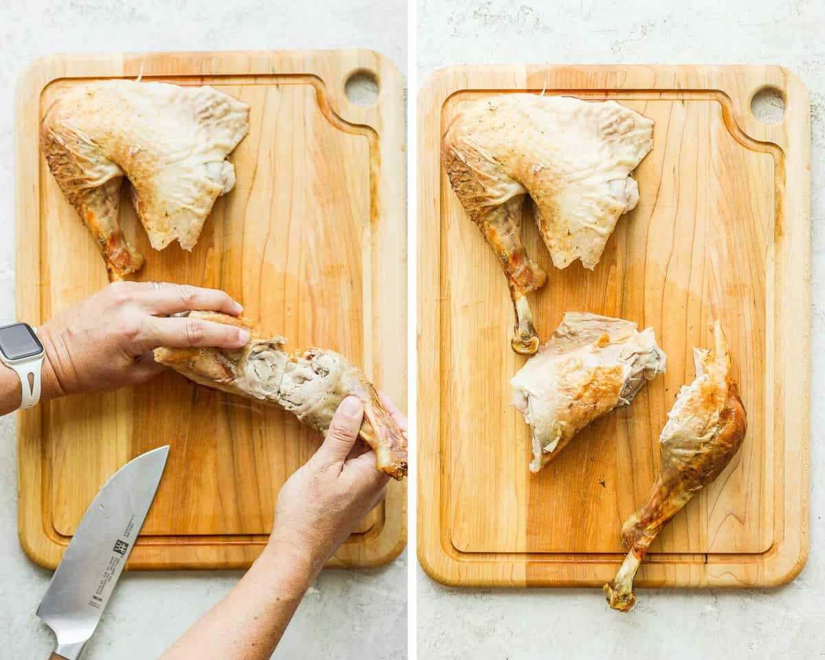 Two images showing the thigh and drumstick being separated and then sitting on the cutting board.