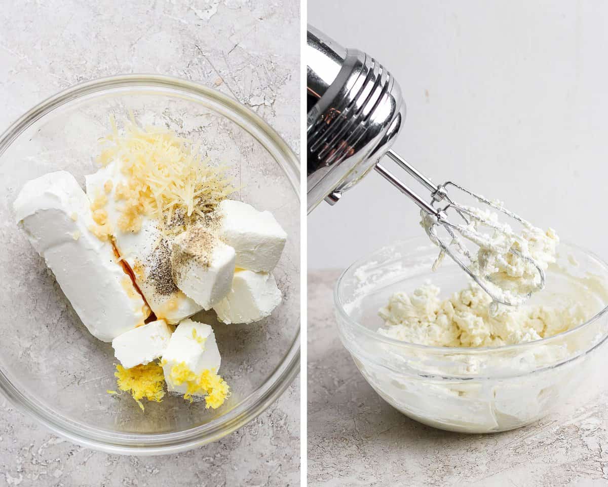 All of the ingredients in a mixing bowl being mixed with a hand mixer.