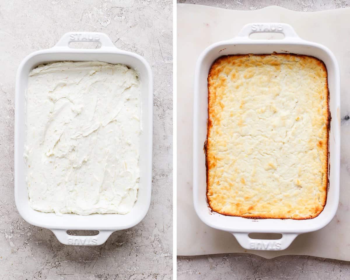 A casserole dish with the cheese mixture unbaked and then baked.