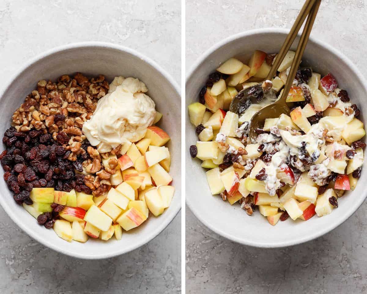 Two images showing the apple salad ingredients in separate bowls and then starting to be mixed together.