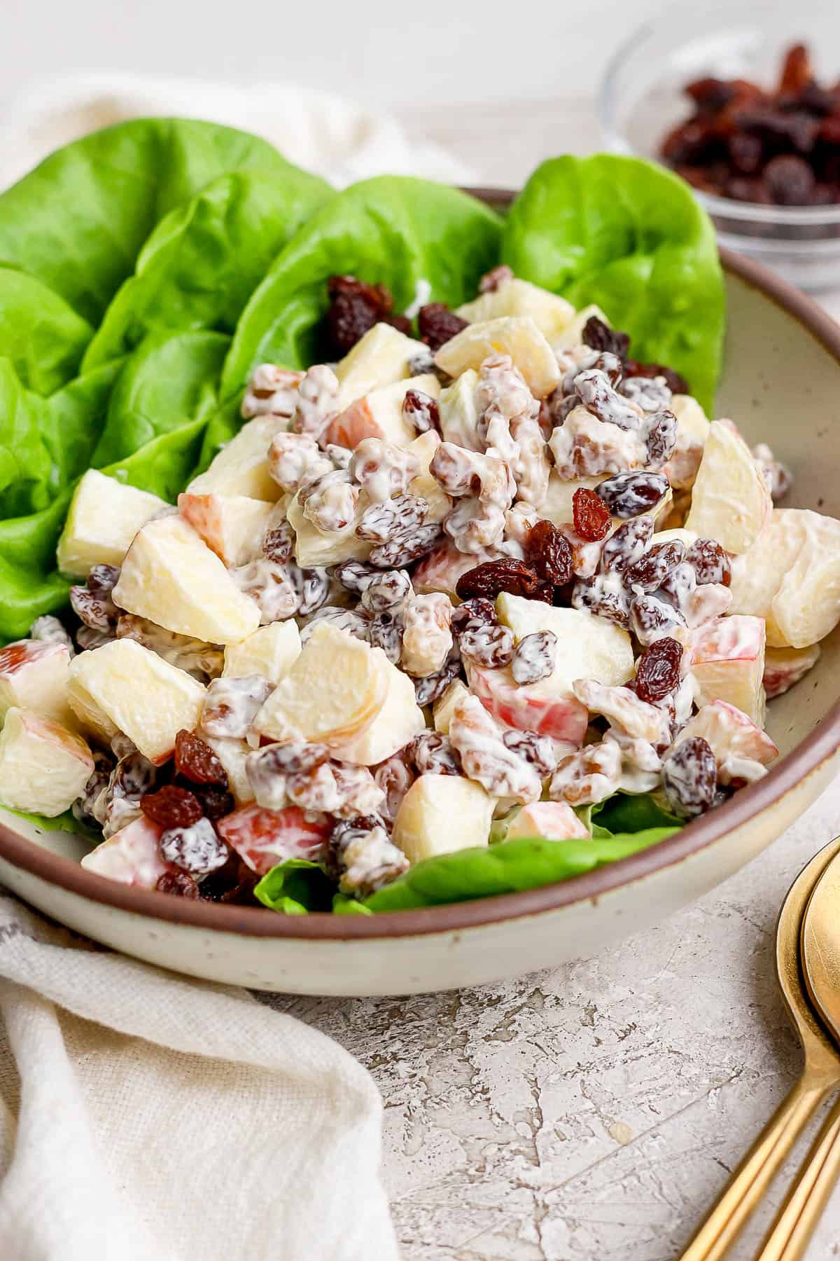 Apple salad on top of butter lettuce on a plate.