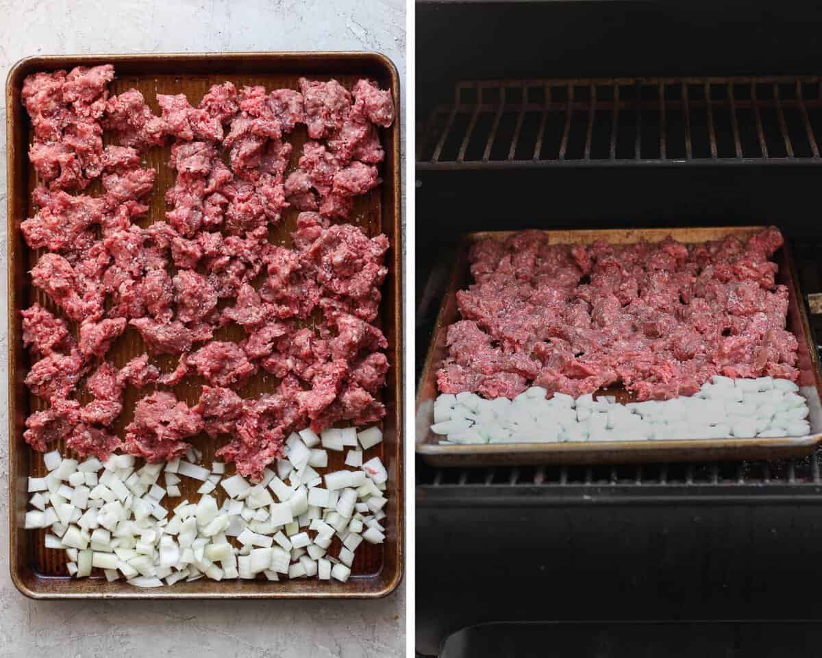 A baking sheet with diced onion and ground beef placed on the bottom rack of the smoker.