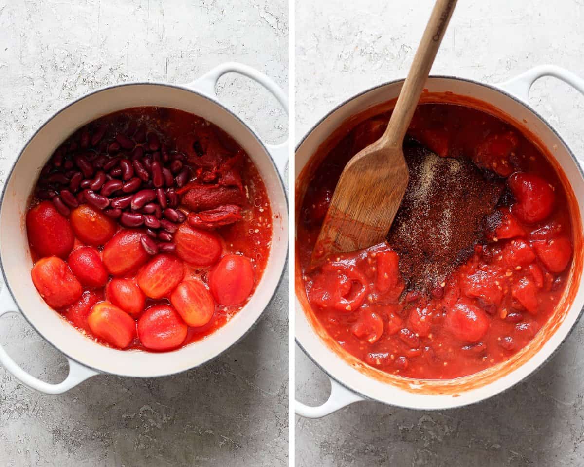 Wet ingredients and spices in a soup pot. 