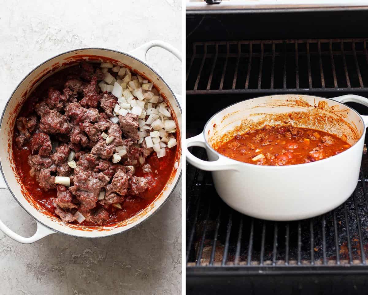 Smoked ground beef and onions added to the soup pot and then placed back in the smoker.