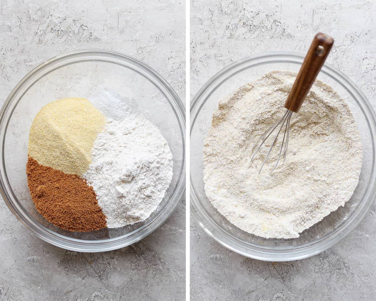 Sugar, flour, and cornmeal whisked together in a bowl.