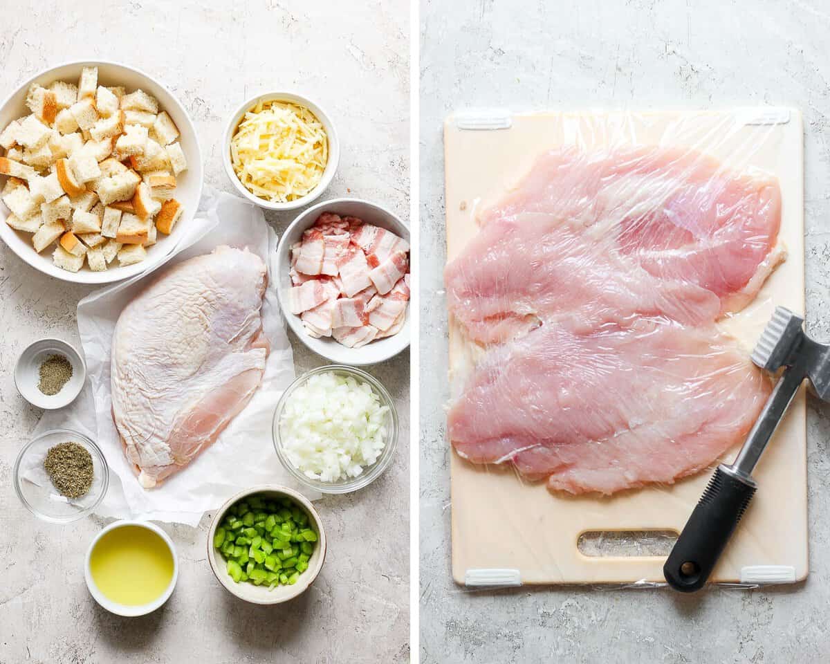 Individual bowls of cubed bread, diced onion, chopped bacon, shredded cheese, salt, pepper, dried sage, chicken broth, and chopped celery.  A butterflied turkey breast flattened with a piece of plastic wrap over the top.