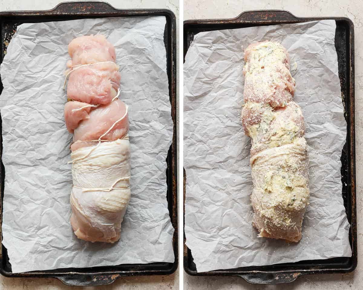 A rolled turkey breast tied with 6 pieces of kitchen twine and then rubbed with butter.