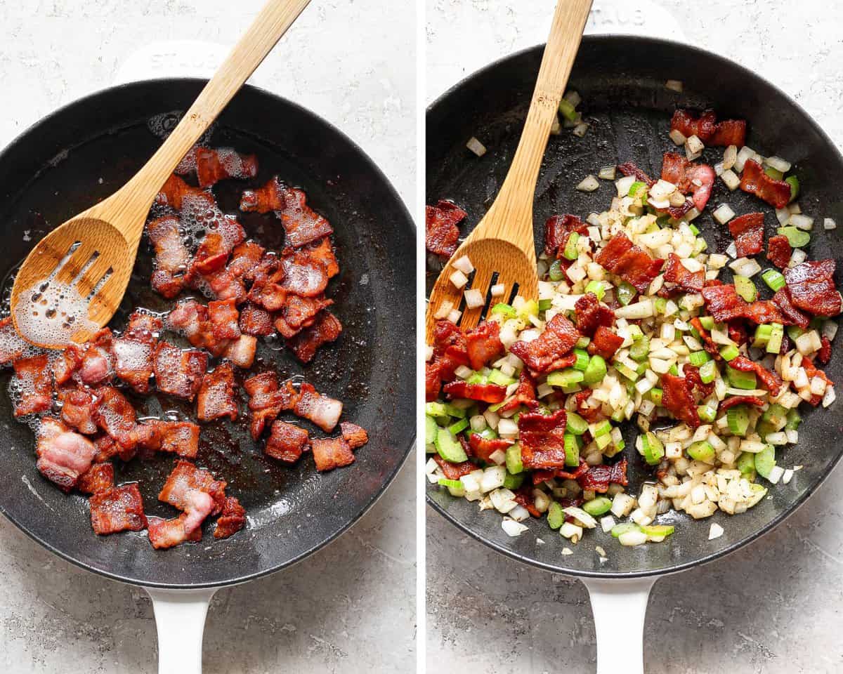 Bacon cooking in a cast iron skillet alongside celery and onion.