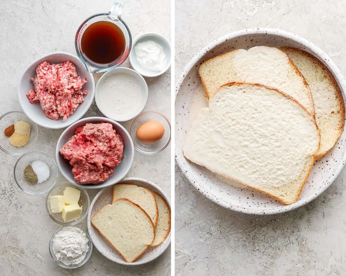 Two images showing the ingredients for swedish meatballs in separate bowls and bread soaking in creamer.