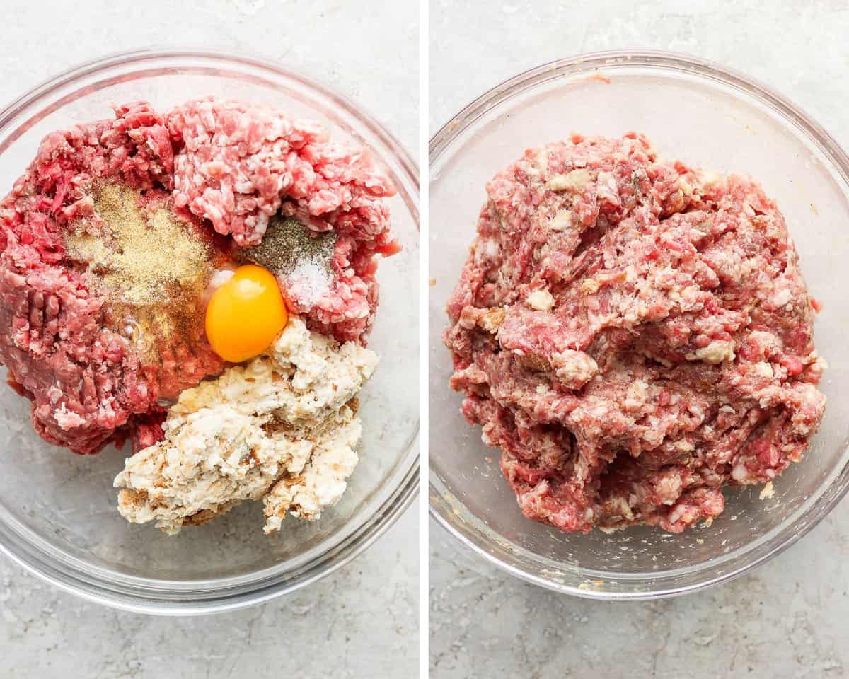 Two images showing the meatball ingredients separately in a bowl and then mixed together.