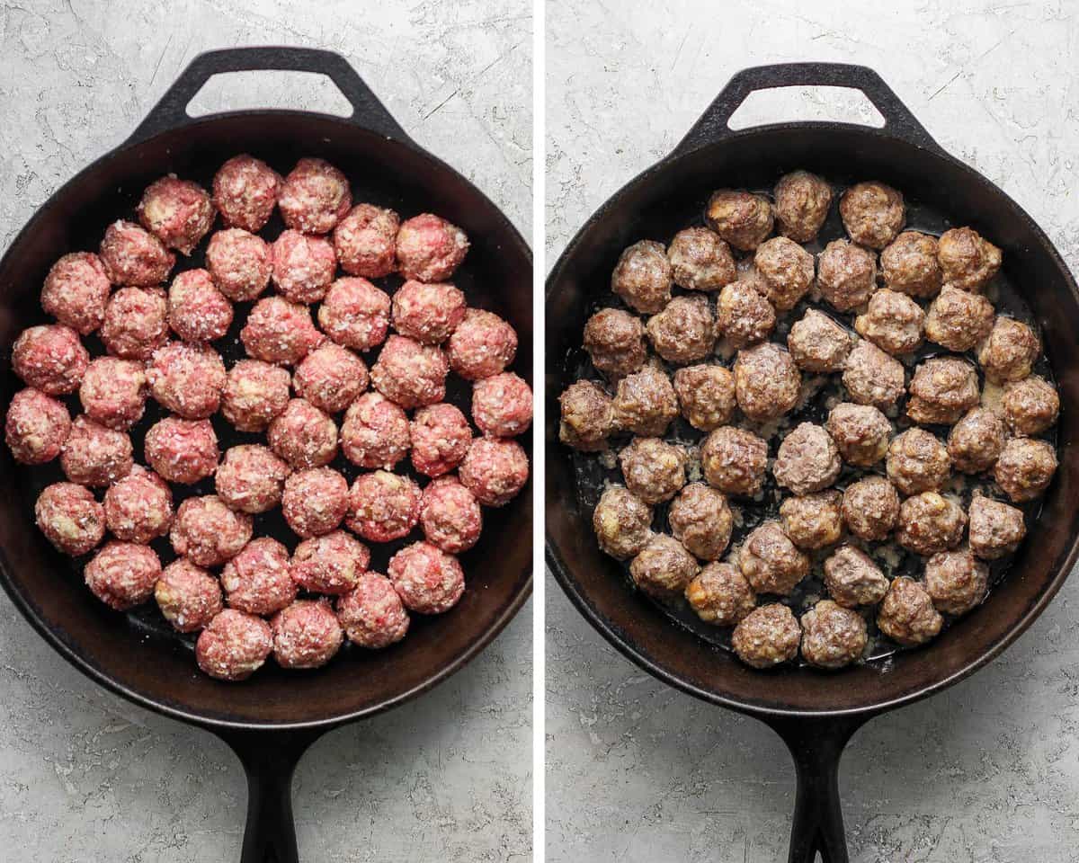 Two images showing the meatballs in a cast iron skillet before baking and after.