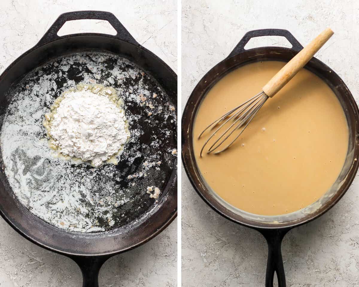 Two images showing the melted butter and flour in the skillet and then the sauce after adding broth and cream.