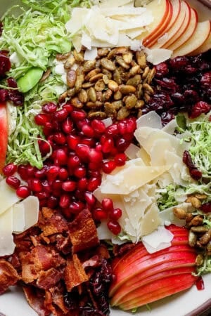 Top down shot of a big bowl filled with a brussel sprout salad with apples, pomegranate seeds, parmesan cheese, bacon, pepitas and shaved brussel sprouts.