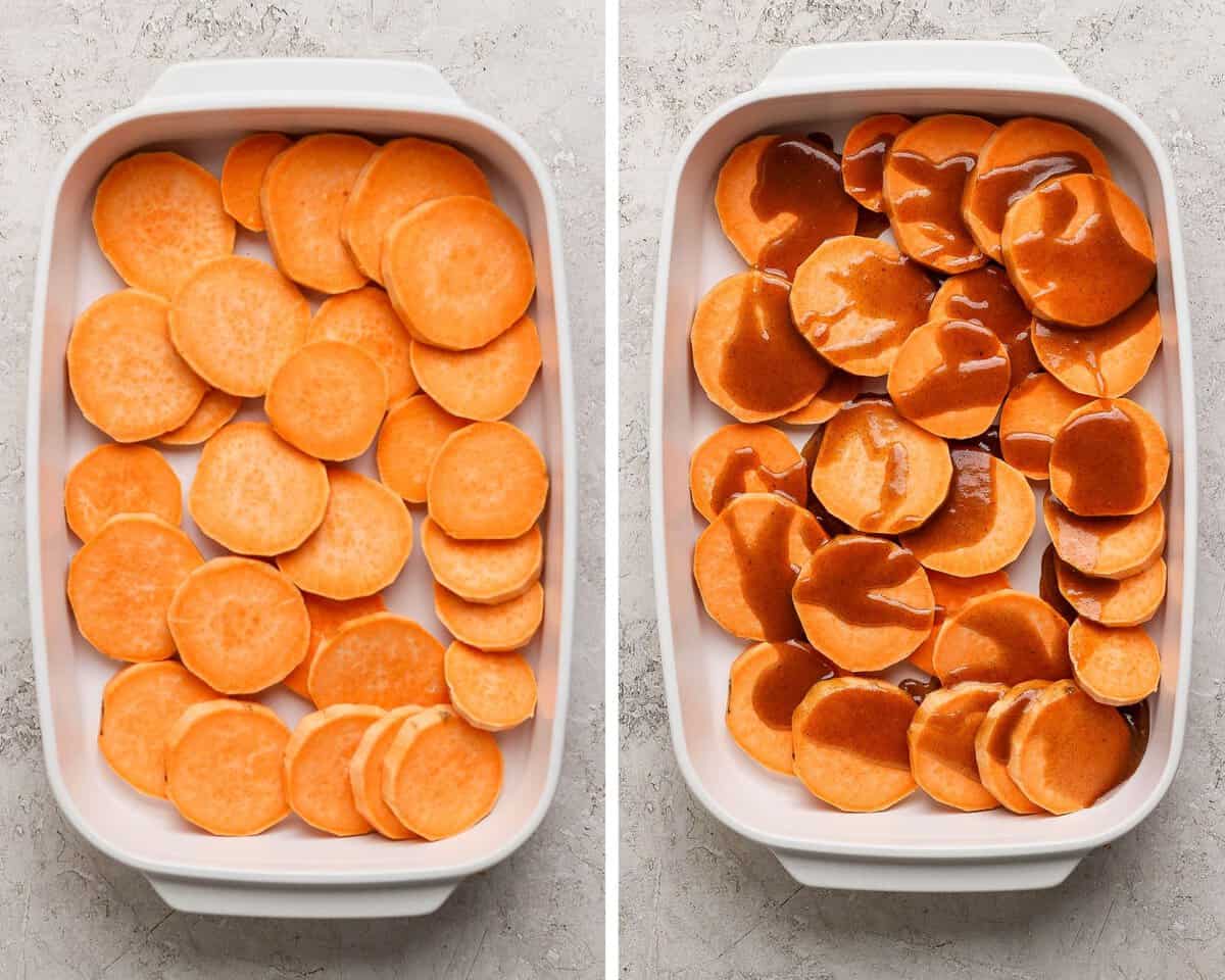 A layer of sliced sweet potatoes in the bottom of a casserole dish.  Then those same potatoes drizzled with the sauce.