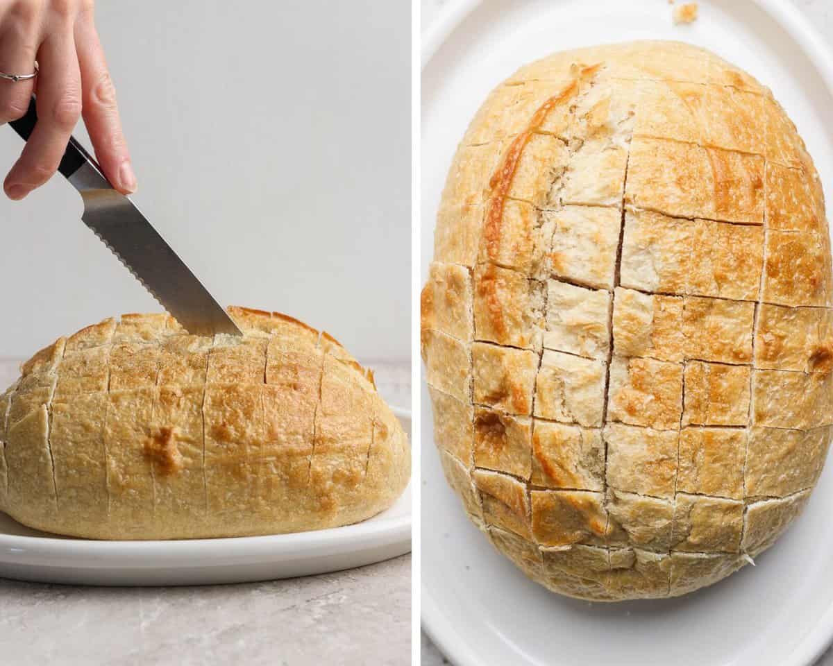 Two pictures side by side showing different angles of cutting a loaf of bread with a serrated knife.
