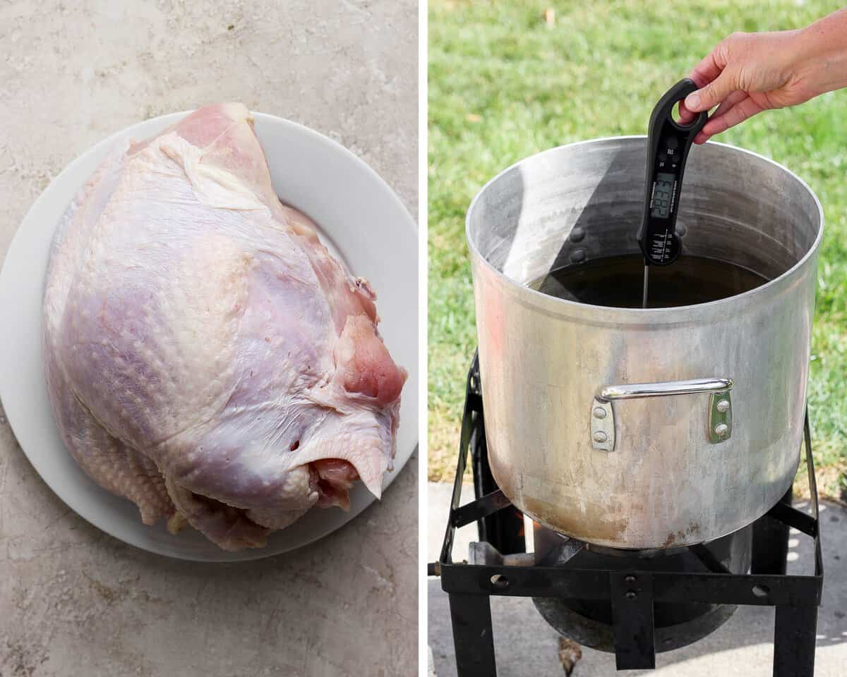 Two images showing the turkey breast on a plate and the oil temperature being checked in the deep fryer.