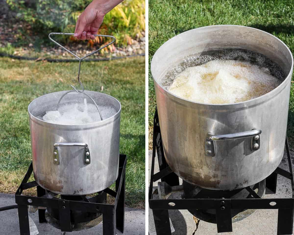 Two images showing the turkey breast being lowered into the fryer and then cooking in the deep fryer.