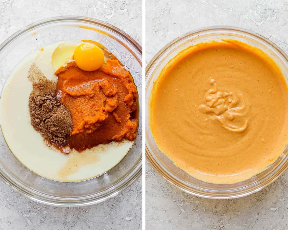 Two images showing the pumpkin pie filling in a bowl before mixing and after.