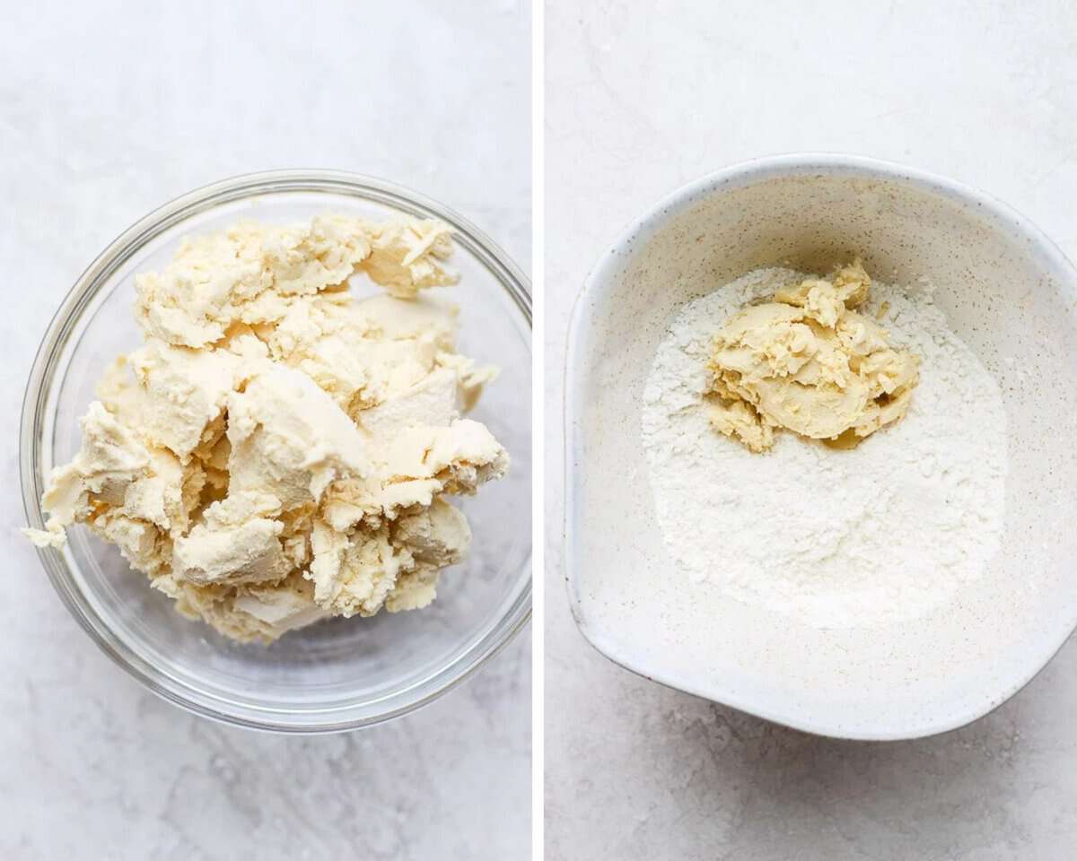 Two images showing a bowl of soft butter and then added to the dry ingredients.