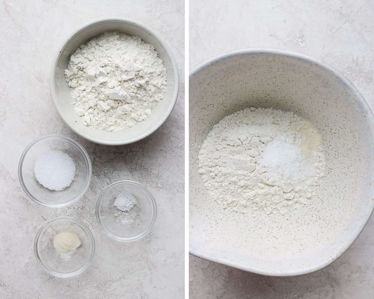 Two images showing the dry ingredients in separate bowls and then in a mixing bowl.