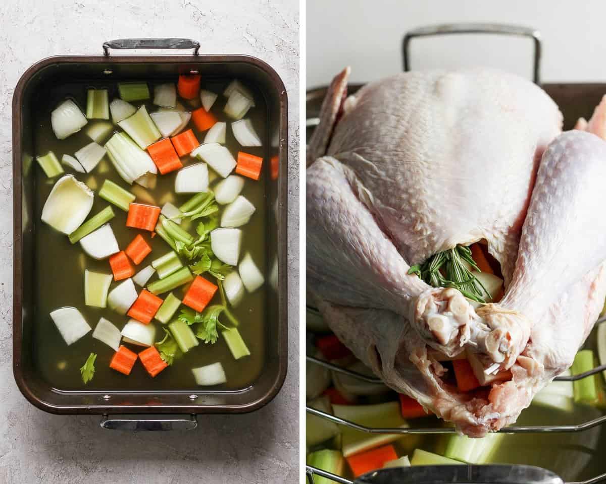 Two images showing the roasting pan with basting liquid and the roasting rack added with a stuffed turkey on top.